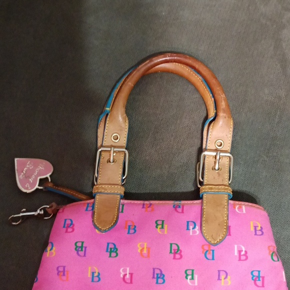 Dooney and Bourke pink multi color DB all over with tan leather handles - Picture 14 of 17
